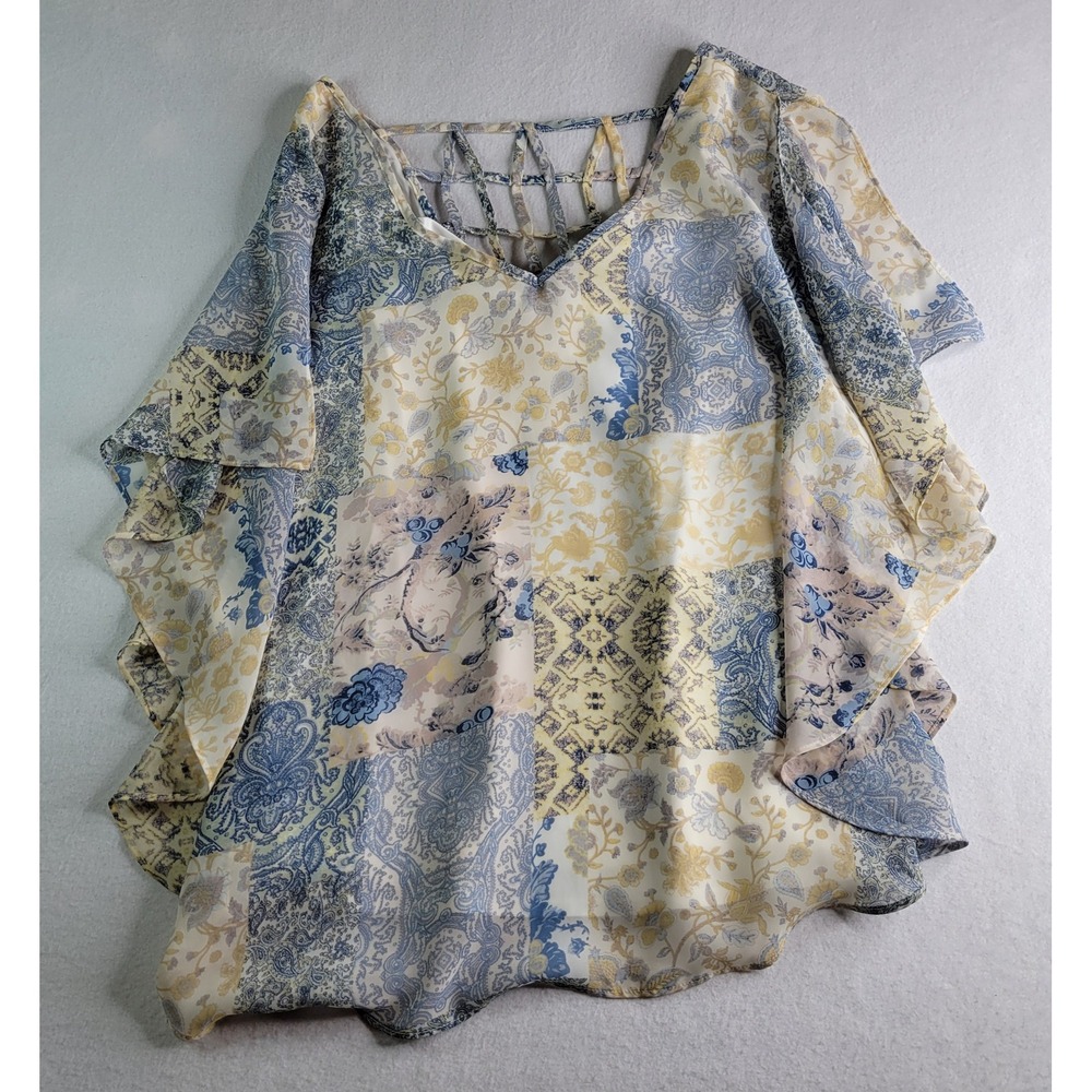 CJ Banks Blue Yellow Patchwork Floral Paisley Lattice Back Chiffon Blouse L